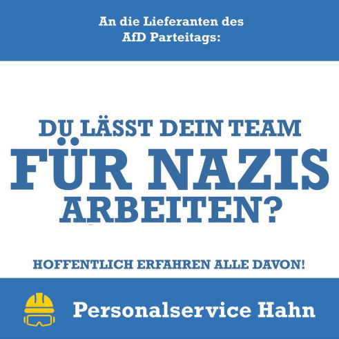 Personalservice Hahn, Nie wieder AfD, AfD Verbot, rechtsextremismus, rechtsextreme, AfD Parteitag