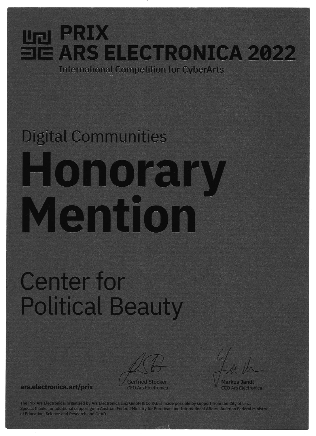 Aktionskunst und Radikaler Humanismus: Prix Ars Electronica Honorary Mention