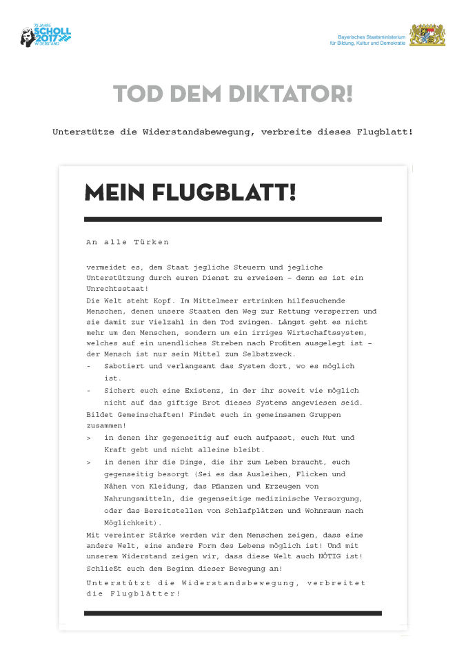 Tod dem Diktator! Scholl 2017: Flugblätter gegen Diktatur, Flugblätter Türkei
